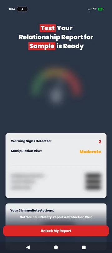 Red Flag screen: relationship report is ready, 2 warning signs, manipulation risk moderate, details blurred, Unlock My Report button.