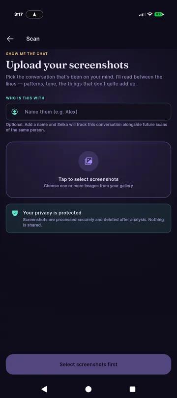 Selka scan screen: Upload your screenshots, with an optional name field and a privacy note.